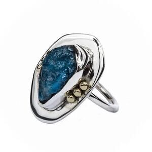 Genuine Raw Blue Apatite Stone & 925 Sterling Silver Ring